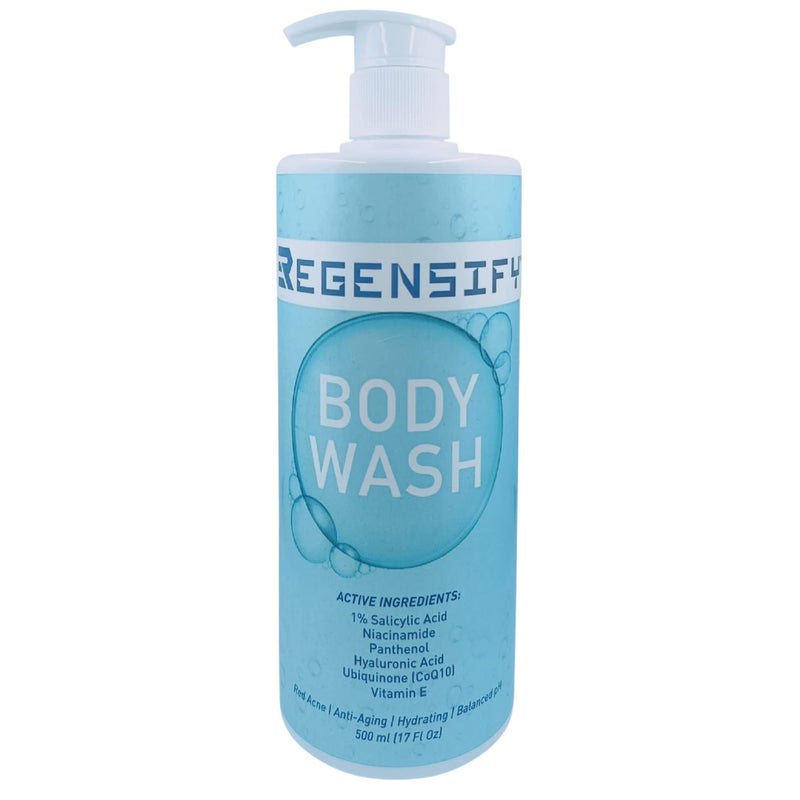 REGENSIFY Red Acne Body Wash 500 ml (17 FL Oz) [1% Salicylic Acid, Niacinamide, Panthenol, Hyaluronic Acid, Coenzyme Q10 & Vitamin E] - Anti Aging, Hydrating, Moisturising & Exfoliating Shower Gel - Image 1