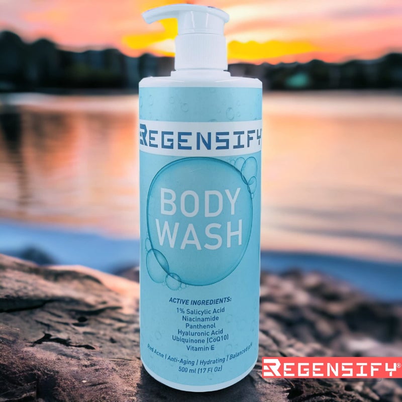 REGENSIFY Red Acne Body Wash 500 ml (17 FL Oz) [1% Salicylic Acid, Niacinamide, Panthenol, Hyaluronic Acid, Coenzyme Q10 & Vitamin E] - Anti Aging, Hydrating, Moisturising & Exfoliating Shower Gel - Image 3