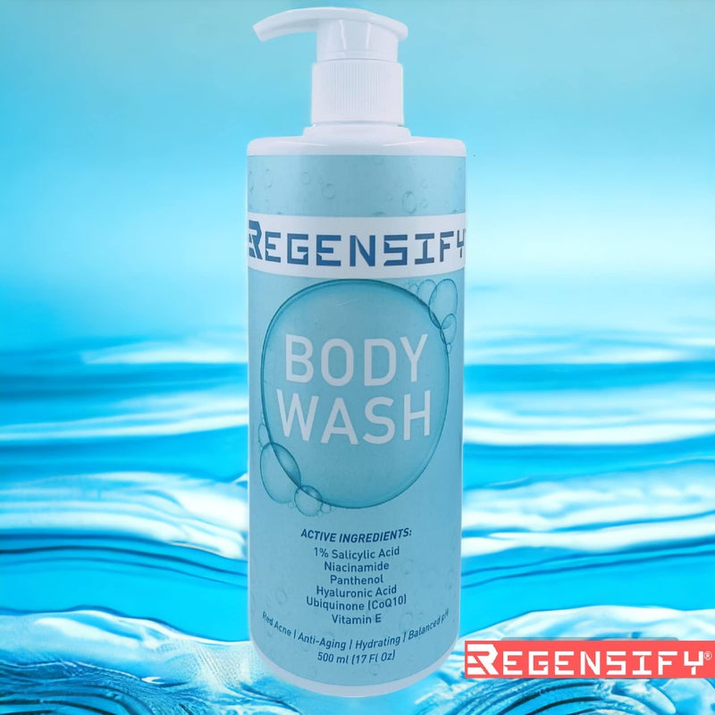 REGENSIFY Red Acne Body Wash 500 ml (17 FL Oz) [1% Salicylic Acid, Niacinamide, Panthenol, Hyaluronic Acid, Coenzyme Q10 & Vitamin E] - Anti Aging, Hydrating, Moisturising & Exfoliating Shower Gel - Image 4