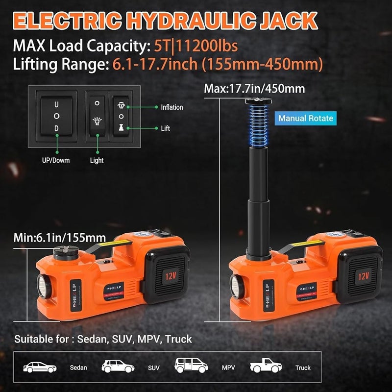 E-HEELP Electric Car Jack Kit 5Ton 12V Hydraulic Car Jack Lift (Lifting Range: 6.1~17.7 inch) with Electric Impact Wrench for SUV MPV Sedan Truck Change Tires Garage Repair - Image 5