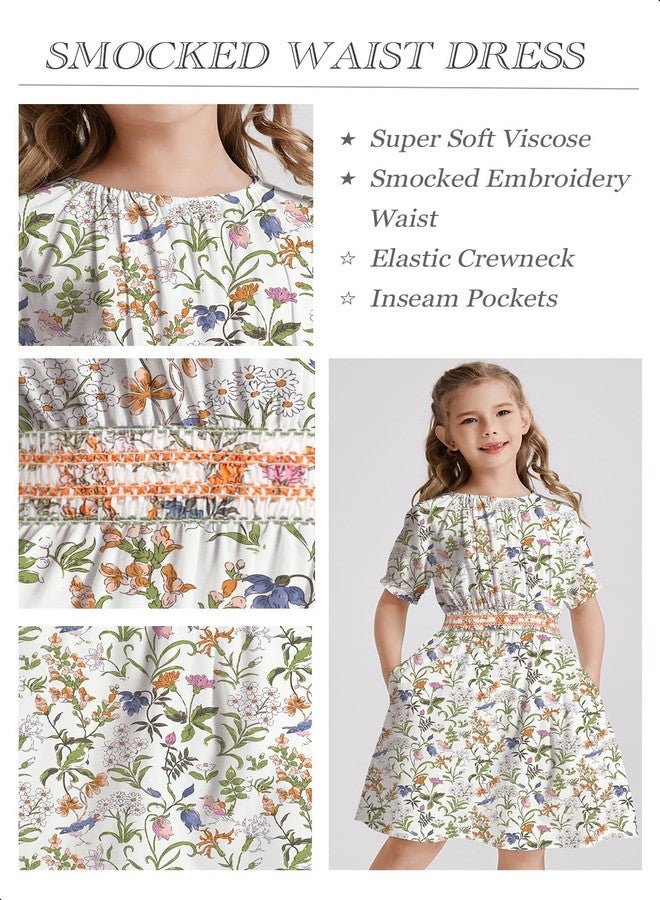 tiny sugar Girls Floral Smocked Waist Dress Church Holiday Playwear Soft Midi Dress with Pockets Flower Bird Green SS-8y - Image 3