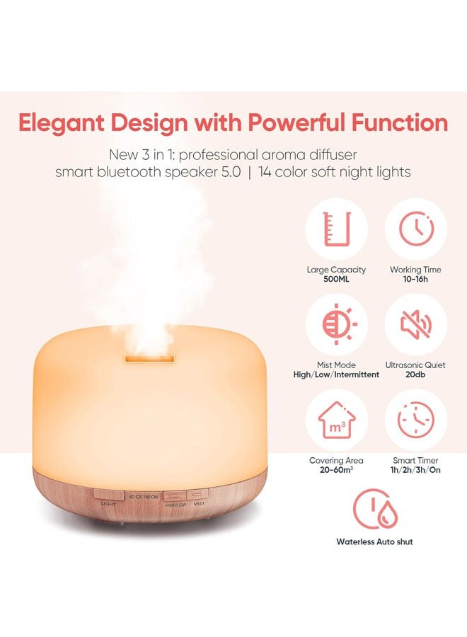 500ml Essential Oil Diffuser with Bluetooth Speaker 5.0, Quiet Aromatherapy Mist Diffusers for Essential Oils, Ultrasonic Oil Diffuser with Remote Control, 7 Colors Light for Bedroom