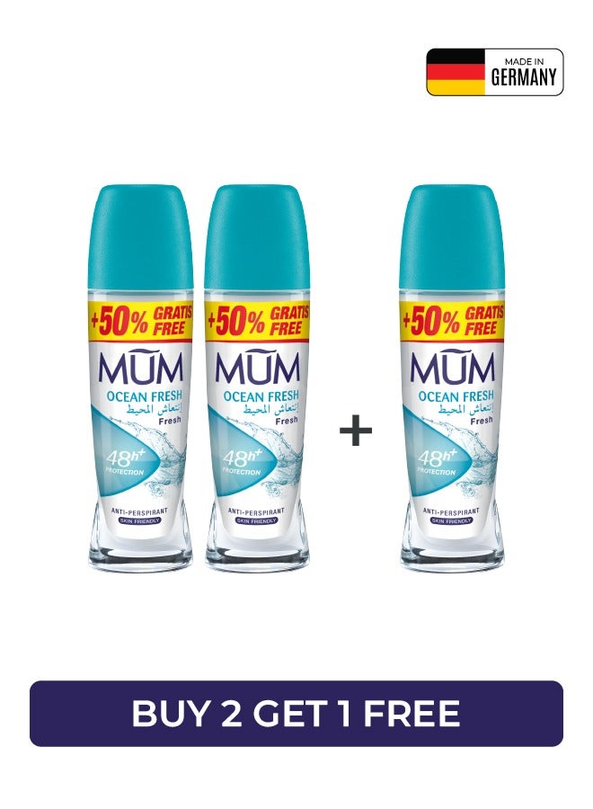 MUM Deodorant Roll-on - Ocean Fresh, 48-Hrs Protection, Quick Drying Formula For All Skin Type, Pack of 3, 75ml Each - Image 1