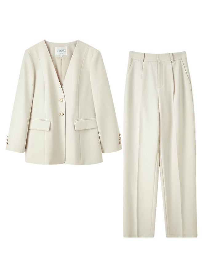 Sentubila Elegant V-neck Blazer Suit For Women Spring Autumn Jacket With Elastic Waist Wide-leg Pants Two-piece Set Apricot S - Image 4