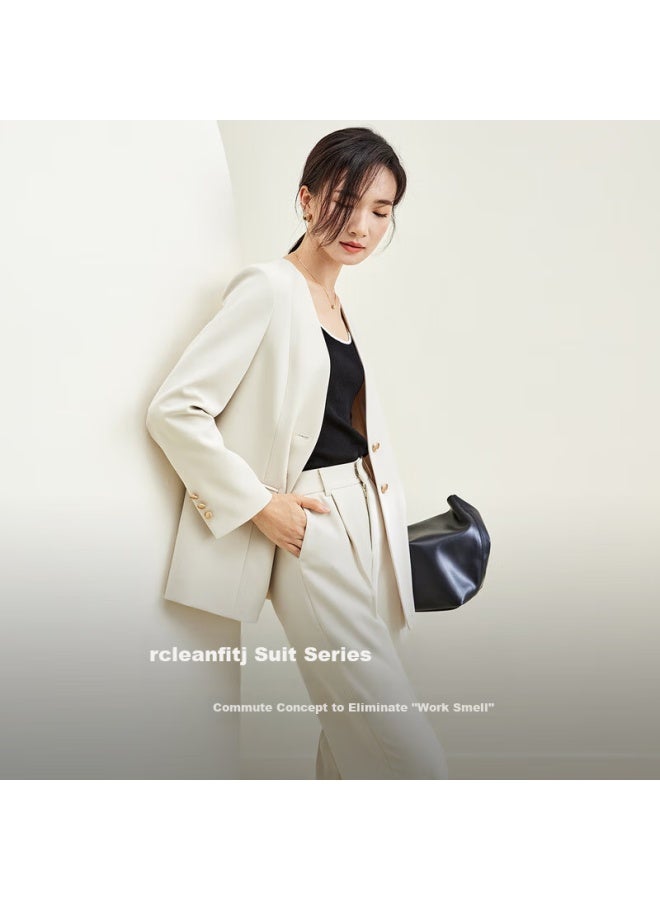 Sentubila Elegant V-neck Blazer Suit For Women Spring Autumn Jacket With Elastic Waist Wide-leg Pants Two-piece Set Apricot S - Image 1
