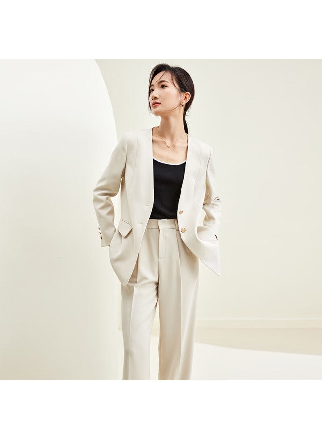 Sentubila Elegant V-neck Blazer Suit For Women Spring Autumn Jacket With Elastic Waist Wide-leg Pants Two-piece Set Apricot S - Image 2