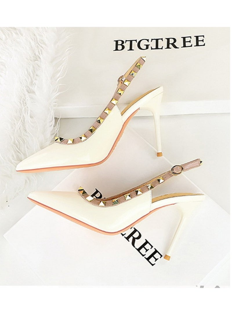 BIGTREE Women's Closed Pointed Toe Stiletto Pump Rivet Decoration High Heels Sandals With Ankle Straps White 9.5 CM  - Image 3