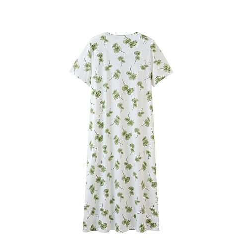 Keyocean Nightgowns for Women, Soft 100% Cotton Lightweight Short Sleeves Ladies Sleeping-gown, Green Danerlion on Cream, XX-Large(XXL) - Image 2