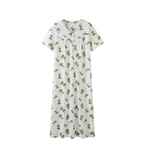 Keyocean Nightgowns for Women, Soft 100% Cotton Lightweight Short Sleeves Ladies Sleeping-gown, Green Danerlion on Cream, XX-Large(XXL) - Image 1