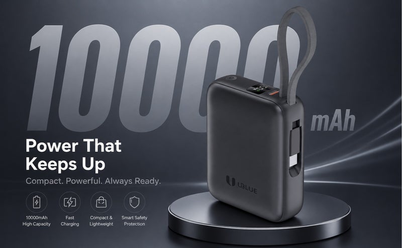 يوبلو شاحن UBLUE سريع الشحن بسعة 10000 مللي أمبير، شاحن محمول USB-C بقوة 35 واط، بطارية مدمجة لأجهزة iPhone وSamsung Galaxy وiPad وAirPods، رمادي - Image 2