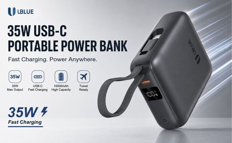 يوبلو شاحن UBLUE سريع الشحن بسعة 10000 مللي أمبير، شاحن محمول USB-C بقوة 35 واط، بطارية مدمجة لأجهزة iPhone وSamsung Galaxy وiPad وAirPods، رمادي - Image 3