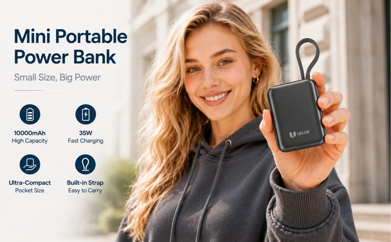 يوبلو شاحن UBLUE سريع الشحن بسعة 10000 مللي أمبير، شاحن محمول USB-C بقوة 35 واط، بطارية مدمجة لأجهزة iPhone وSamsung Galaxy وiPad وAirPods، رمادي - Image 4