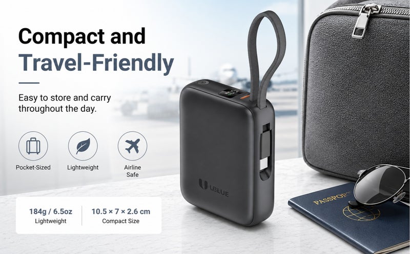 يوبلو شاحن UBLUE سريع الشحن بسعة 10000 مللي أمبير، شاحن محمول USB-C بقوة 35 واط، بطارية مدمجة لأجهزة iPhone وSamsung Galaxy وiPad وAirPods، رمادي - Image 5