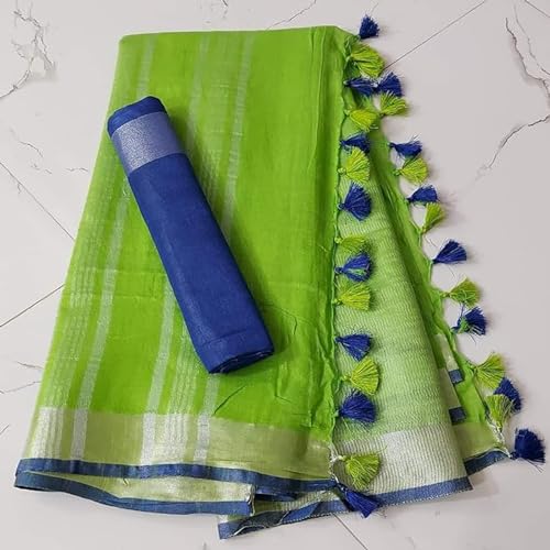 SheenKraft Hadloom Linen Cotton Blend Bhagalpuri Contrast Saree for Women (Green-Blu) - Image 2