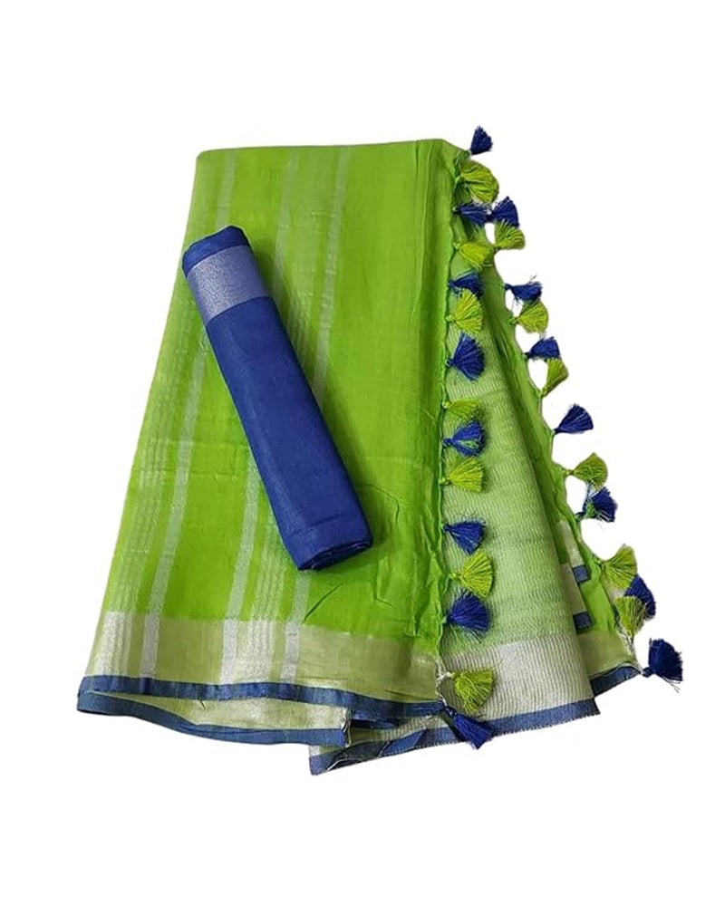 SheenKraft Hadloom Linen Cotton Blend Bhagalpuri Contrast Saree for Women (Green-Blu) - Image 4