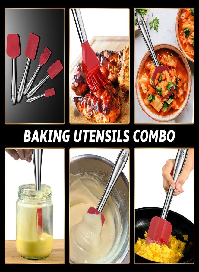 Gourmet Easy طقم أدوات مطبخ مكون من 5 قطع من ملاعق السيليكون بمقابض من الفولاذ المقاوم للصدأ، أدوات مطبخ ممتازة مقاومة للحرارة للخبز، تتضمن ملعقة وفرشاة سيليكون، آمنة للاستخدام مع أواني الطهي غير اللاصقة (أحمر) - Image 3