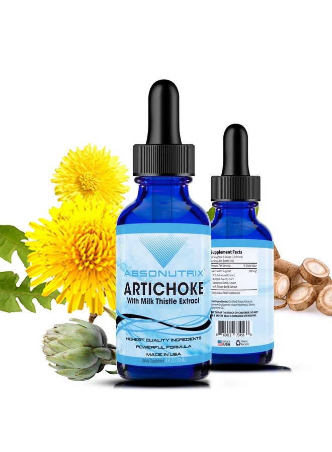 Absonutrix Artichoke with Organic Milk Thistle Extract, 390 mg, 4 FL OZ Liquid, 302 Servings, Made in USA, Potent Plant-Based Ingredients, Burdock Root Extract, Dandelion Root Extract,Non-GMO - Image 1
