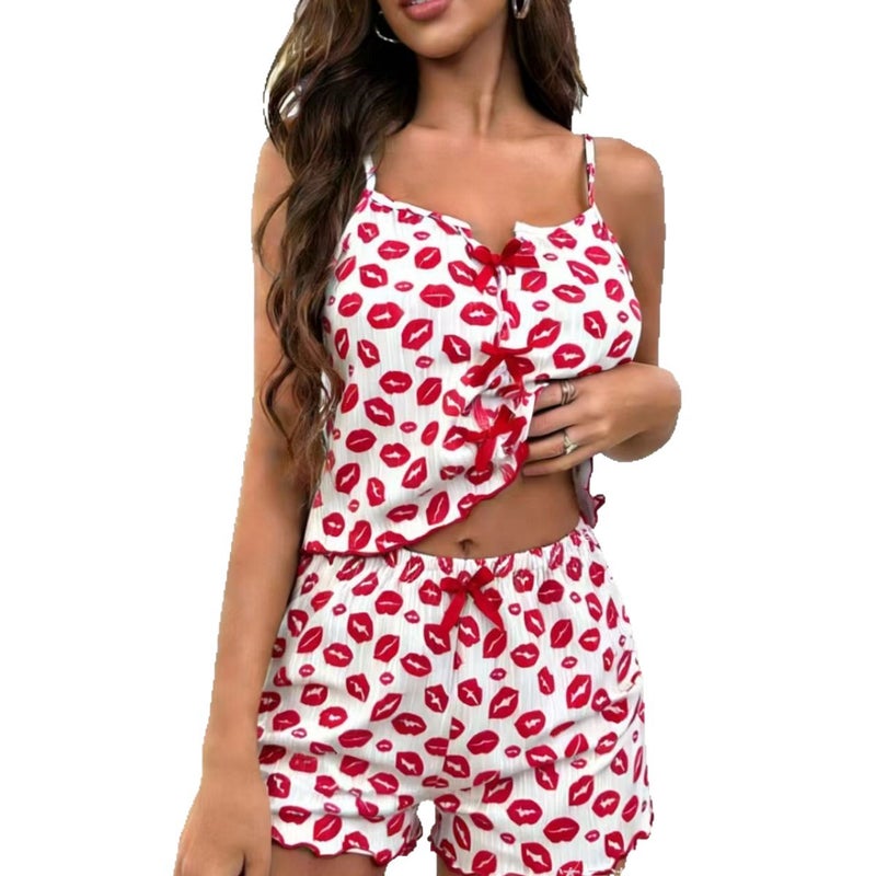Women's Printed Contrast Color Camisole Sleepwear Set - Image 5