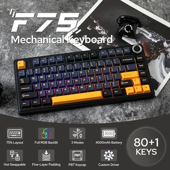 EPOMAKER X Aula F75 Gasket Mechanical Keyboard, 75% Wireless Hot Swappable Gaming Keyboard With Five-Layer Padding&Knob, Bluetooth/2.4Ghz/Usb-C, Rgb (Black, Leobog Reaper Switch) - Image 2