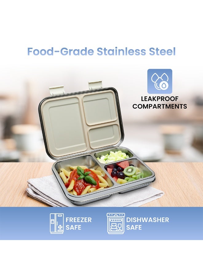 Bamboo Bark Leakproof Lunch Box - Stainless Steel Lunch Box with 3 Compartments, Leakproof Design, Meal Box for Kids and Adults, Ideal for Work, School and Travel (Silver) - Image 3