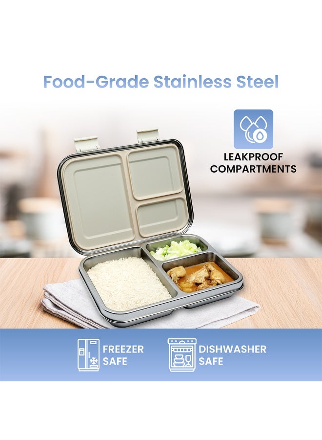 Bamboo Bark Leakproof Lunch Box - Stainless Steel Lunch Box with 3 Compartments, Leakproof Design, Meal Box for Kids and Adults, Ideal for Work, School and Travel (Silver) - Image 2