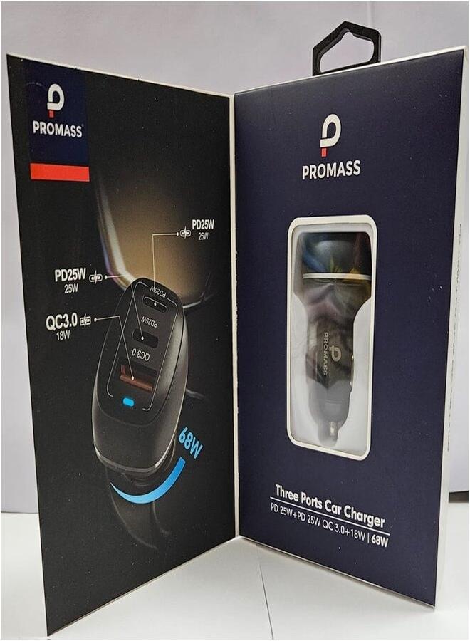 بروماس شاحن سيارة بثلاثة منافذ PD 25W+PD25W QC3.0+18W/68W باللون الأسود - Image 1