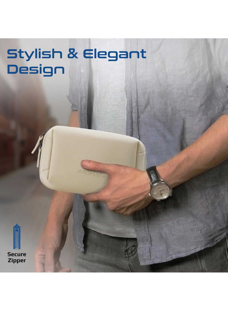 Promate Mini Tech Organizer Pouch with Multiple Compartments, Durable Waterproof PU Material, Lightweight Compact Design, Modern Stylish Aesthetic for Efficient Storage of Accessories and Essentials – Velvena Beige beige - Image 5