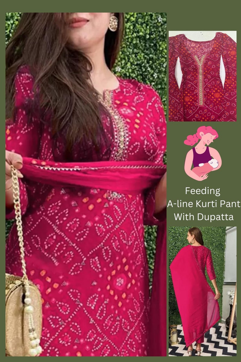 ASSUME FAB Women Maternity Kurta Set with Dupatta for Women | Nursing/Feeding Zip | Soft Rayon Ethnic Wear for Pregnancy & Postpartum(Large Pink - Image 2