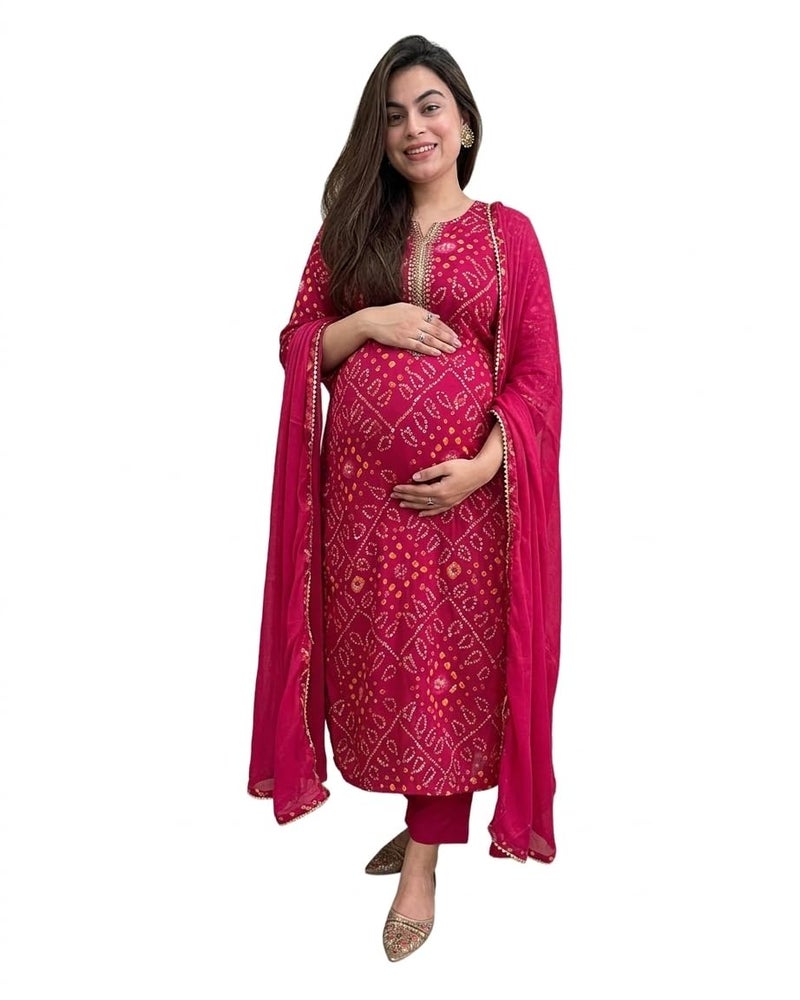 ASSUME FAB Women Maternity Kurta Set with Dupatta for Women | Nursing/Feeding Zip | Soft Rayon Ethnic Wear for Pregnancy & Postpartum(Large Pink - Image 1