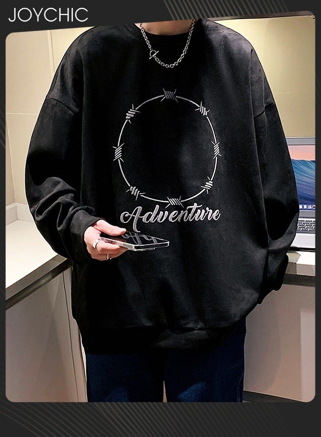 Joychic هودي بقلنسوة طويل الأكمام بطباعة عصرية لفصلي الربيع والخريف للرجال باللون الأسود - Image 1