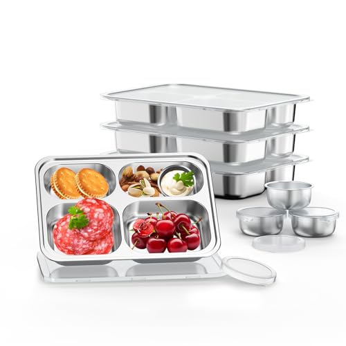 Bakpoco Stainless Steel Divided Plate for Kids Toddler Non Toxic Portion Control Plate Dinner Plate with Lid for Adults Weight Loss 4 Pack 4 Sections Rectangular Snack Plate Tray - Image 1