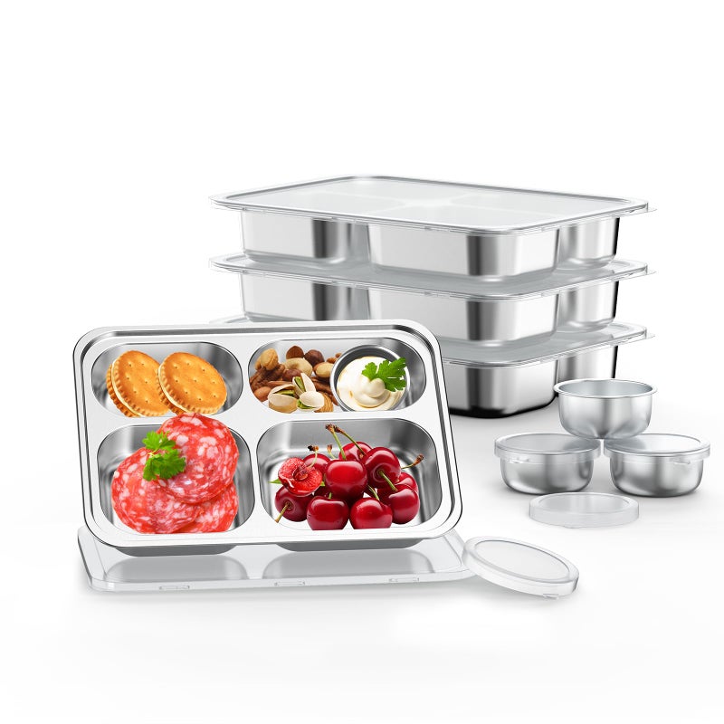 Bakpoco Stainless Steel Divided Plate for Kids Toddler Non Toxic Portion Control Plate Dinner Plate with Lid for Adults Weight Loss 4 Pack 4 Sections Rectangular Snack Plate Tray - Image 2