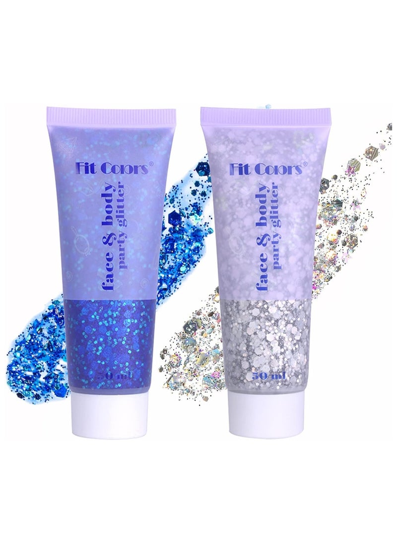Fit Colors - 2pcs Body Glitter, MAKINGTEC Mermaid Sequins Liquid Holographic Glitter Gel, Chunky Glitter Face Eye Lip Hair Nail Festival Makeup, Sparkling Body Glitter Gel for Women, Blue & Silver - Image 1