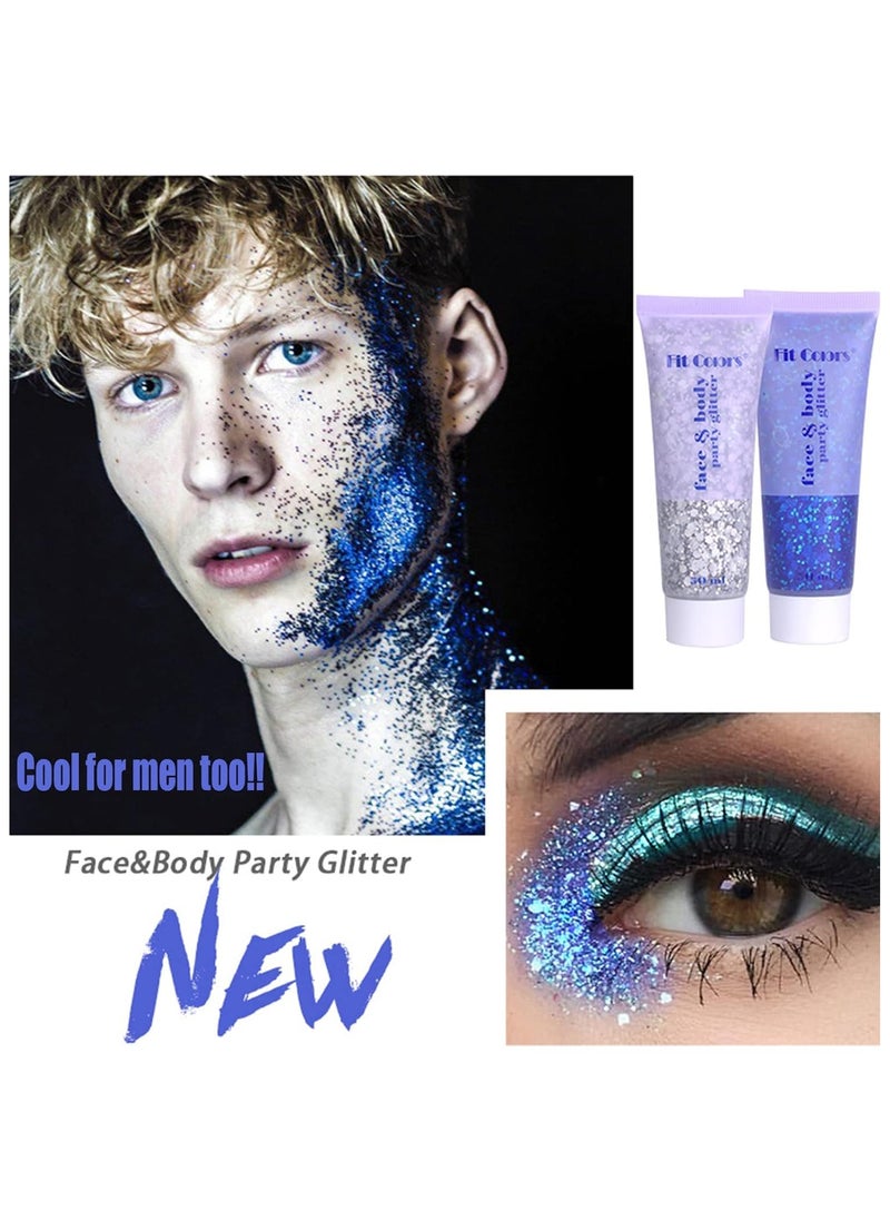 Fit Colors - 2pcs Body Glitter, MAKINGTEC Mermaid Sequins Liquid Holographic Glitter Gel, Chunky Glitter Face Eye Lip Hair Nail Festival Makeup, Sparkling Body Glitter Gel for Women, Blue & Silver - Image 1