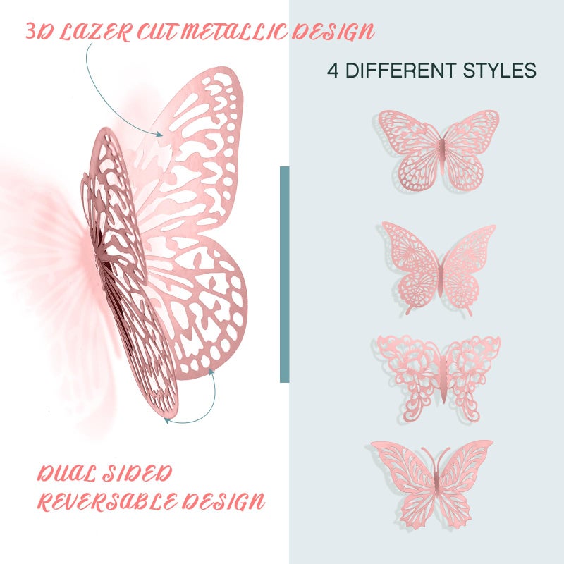 XUNXMAS 3D Pink Butterfly Wall Decor 3 Sizes 4 Styles Butterfly Party Decorations Cake Decorations Removable Stickers Wall Decor Room Mural Metallic Kids (Pink, 48Pcs) - Image 3