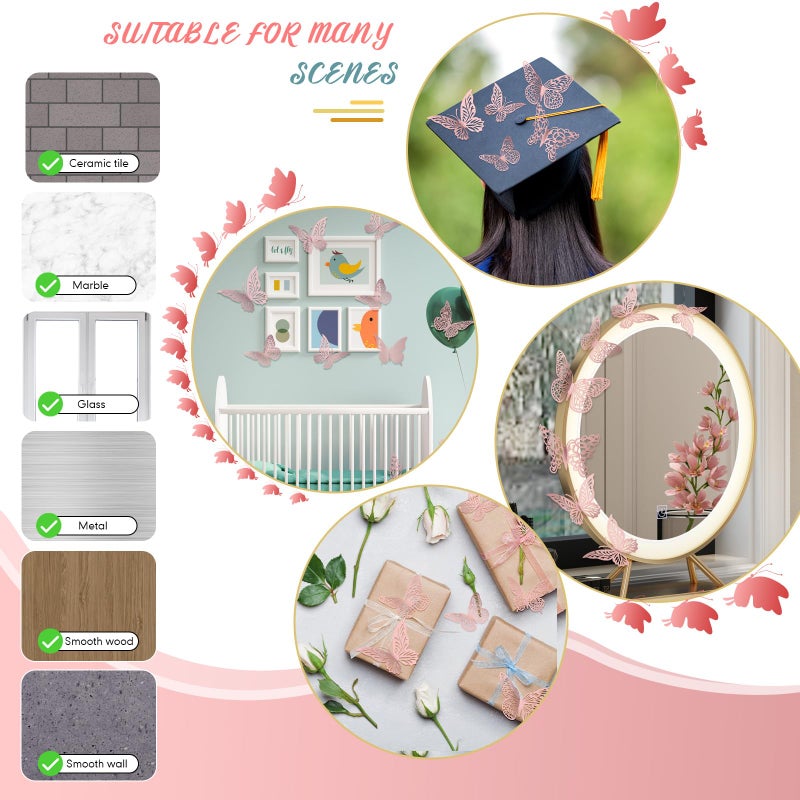 XUNXMAS 3D Pink Butterfly Wall Decor 3 Sizes 4 Styles Butterfly Party Decorations Cake Decorations Removable Stickers Wall Decor Room Mural Metallic Kids (Pink, 48Pcs) - Image 5