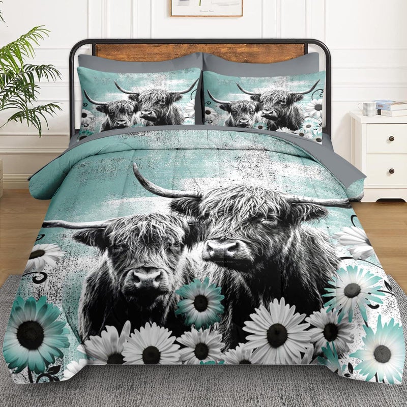 WeCozy 7 Pcs Queen Size Comforter Set with 2 Pillowcases & 2 Shams, Highland Cow Animal Bedding for Kids and Adults, Farm Daisy Bed in a Bag with Flat Fitted Sheet - Image 2