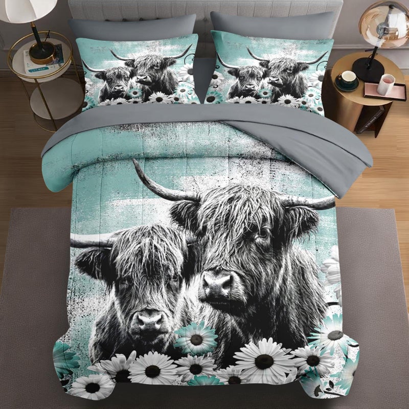 WeCozy 7 Pcs Queen Size Comforter Set with 2 Pillowcases & 2 Shams, Highland Cow Animal Bedding for Kids and Adults, Farm Daisy Bed in a Bag with Flat Fitted Sheet - Image 1