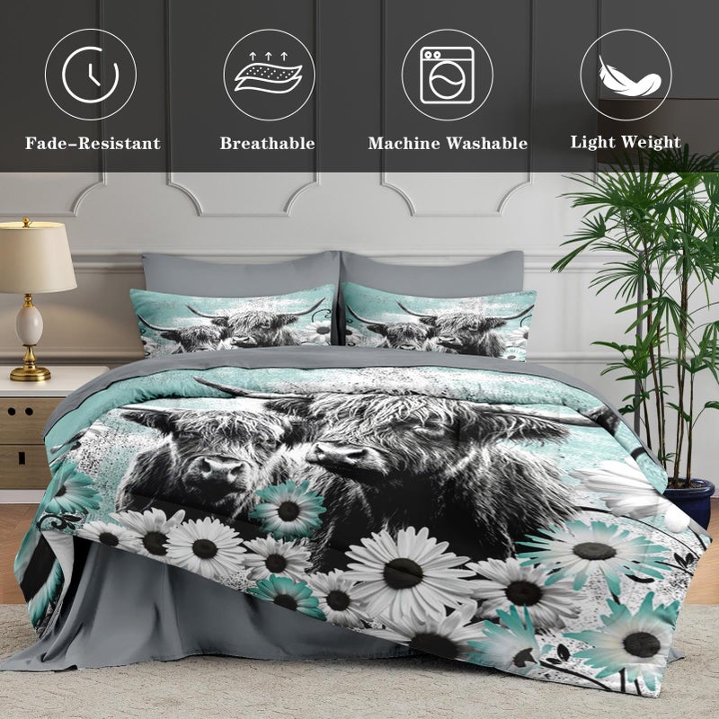 WeCozy 7 Pcs Queen Size Comforter Set with 2 Pillowcases & 2 Shams, Highland Cow Animal Bedding for Kids and Adults, Farm Daisy Bed in a Bag with Flat Fitted Sheet - Image 5