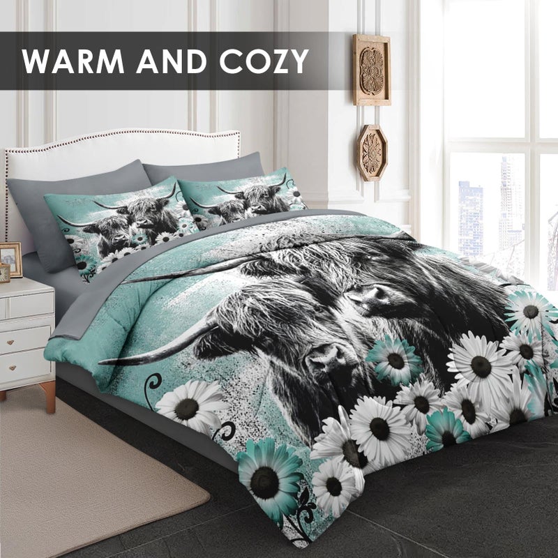 WeCozy 7 Pcs Queen Size Comforter Set with 2 Pillowcases & 2 Shams, Highland Cow Animal Bedding for Kids and Adults, Farm Daisy Bed in a Bag with Flat Fitted Sheet - Image 4