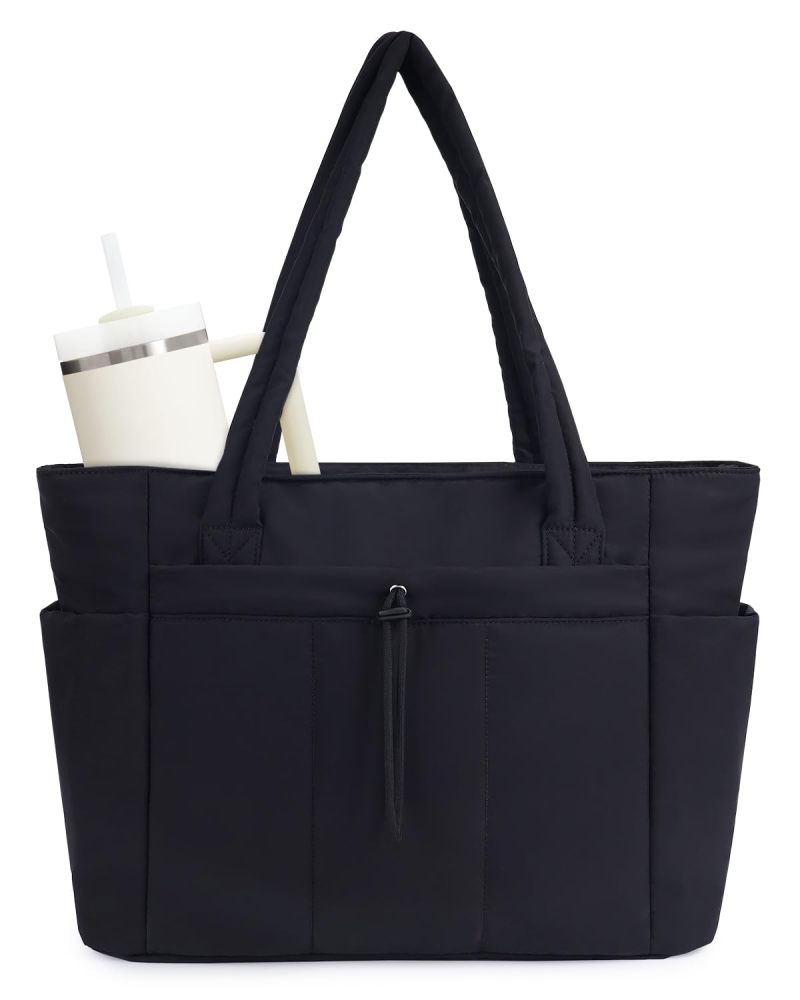 Padded Travel Tote: 20L Spacious Black Bag, Glass-Friendly 1.2L Elastic Cup Holder, 15.6-Inch Laptop Compartment - Ultra Lightweight 0.5kg Durable Material, Organized Multiple Pockets for Work, Gym, B - Image 1
