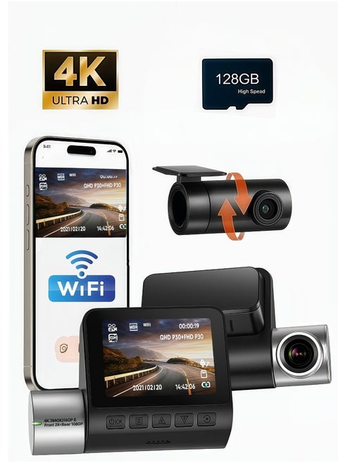 4K+1080P Dual Dash Cam with Sony High-Sensitivity Sensor, WiFi & Smart APP Control, Built-in 128GB U3 High-Speed Storage, Features Loop Recording, Night Vision, and Parking Monitor.