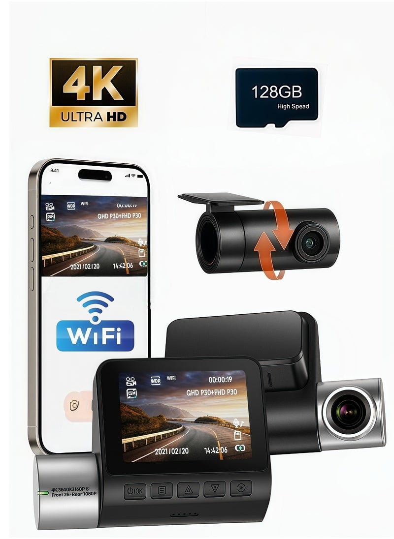 Generic - 4K+1080P Dual Dash Cam with Sony High-Sensitivity Sensor, WiFi & Smart APP Control, Built-in 128GB U3 High-Speed Storage, Features Loop Recording, Night Vision, and Parking Monitor. - Image 1