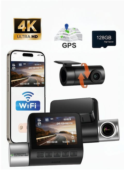 Dash Cam Front and Rear, 4KFull HD Dash Cam, Free 128GB Card, Built-in Wi-Fi GPS, 3-inch IPS Screen, Night Vision, 170° Wide Angle, WDR, 24-hour Parking Mode