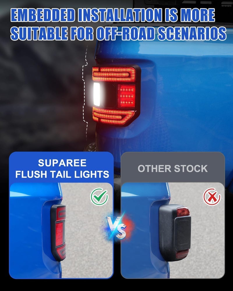 SUPAREE Flush Mount LED Rear Brake Tail Lights Compatible with Jeep Gladiator JT 2020 2021 2022 2023 2024 2025 Replace OEM Red Taillight Assembly Included Smoked Reverse Turn Signal Running light - Image 2