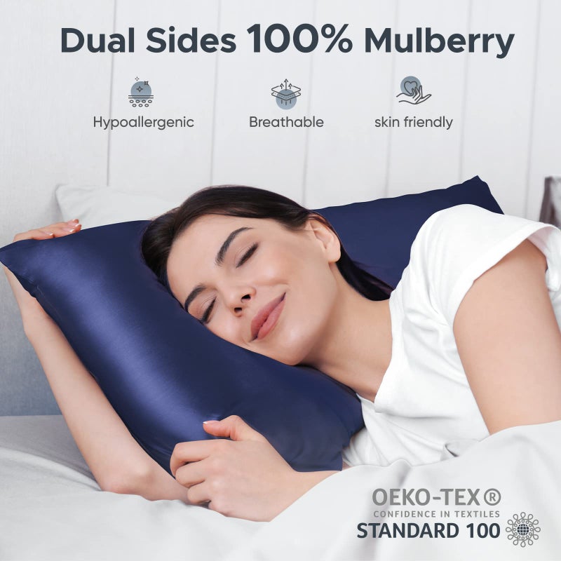 CAAIR 100% Pure Mulberry Silk Pillowcase for Hair and Skin - Allergen Resistant Dual Sides 600 Thread Count Silk Bed Pillow Cases with Hidden Zipper 1pc Queen Size Blue - Image 2