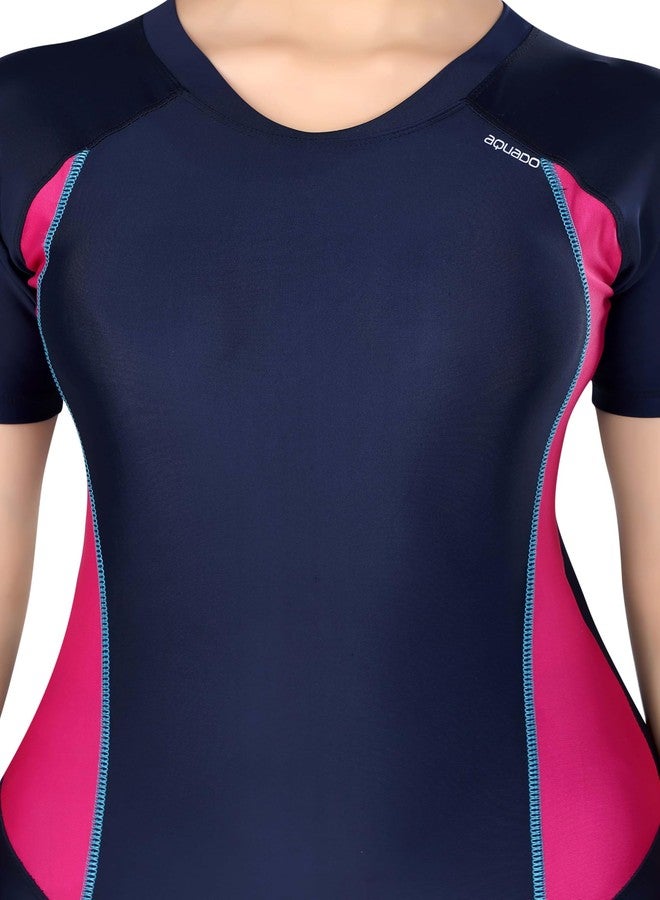 Aquado Women’s Knee Length Padded One Piece Swimsuit with Back Zip - Modest Sports Swimwear for Swimming, Training, Aqua Aerobics & Beach (in, Alpha, L, Regular, Standard, Navy Pink) - Image 4