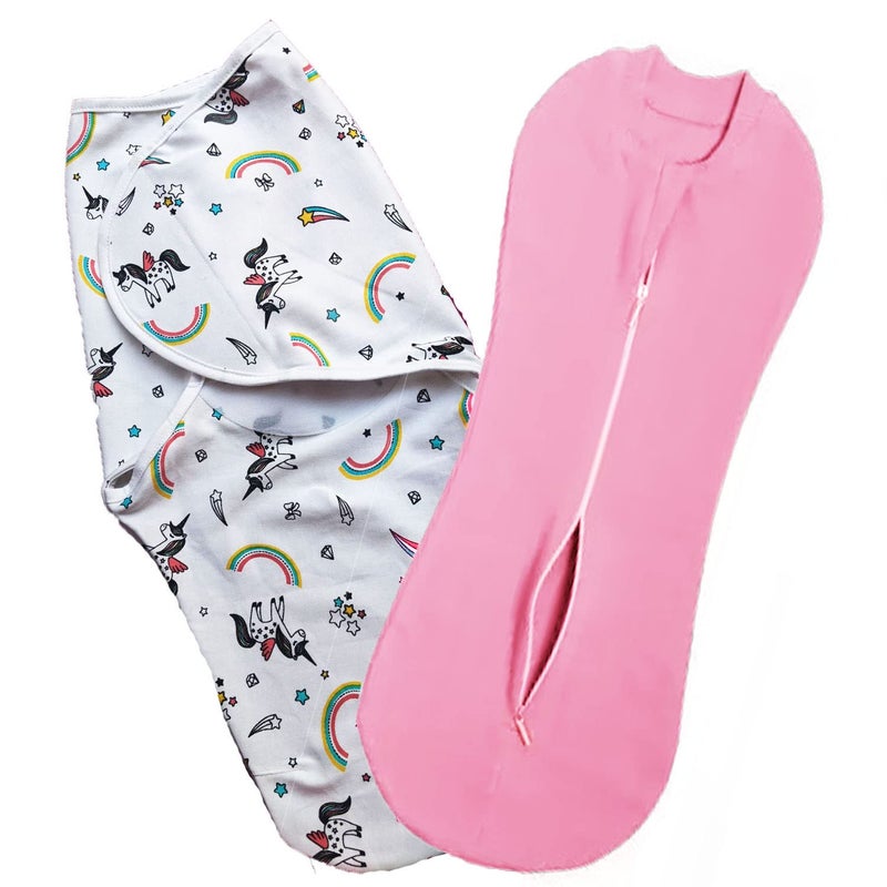 MammaChamp Strap Closer Adjustable Swaddle/Wrapper and Zip Sleeping Sack Bag Wrap for Newborn Baby 0-4 Months Rainbow Swaddle+Pink Pod (Pack of 2) - Image 1
