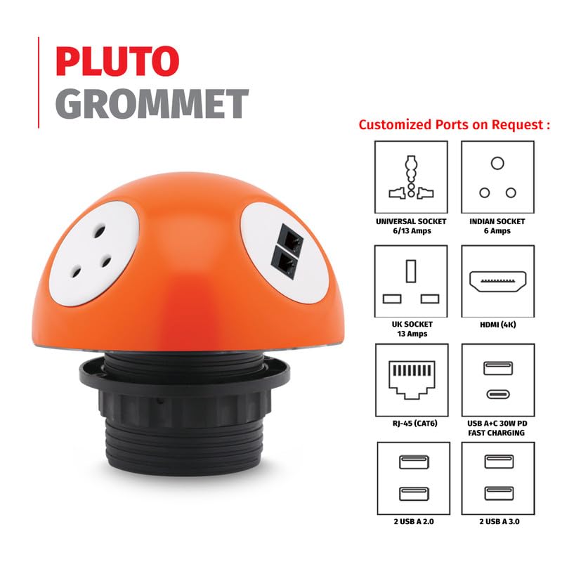 MX Pluto Grommet Power Hub 2 Indian Socket CAT 6 4K HDMI Multiple Devices Power Converter Desk USB Charge Station Power Strip with LED Glow for Home Travel Office Hotels - Image 2