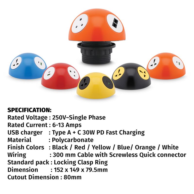 MX Pluto Grommet Power Hub 2 Indian Socket CAT 6 4K HDMI Multiple Devices Power Converter Desk USB Charge Station Power Strip with LED Glow for Home Travel Office Hotels - Image 3